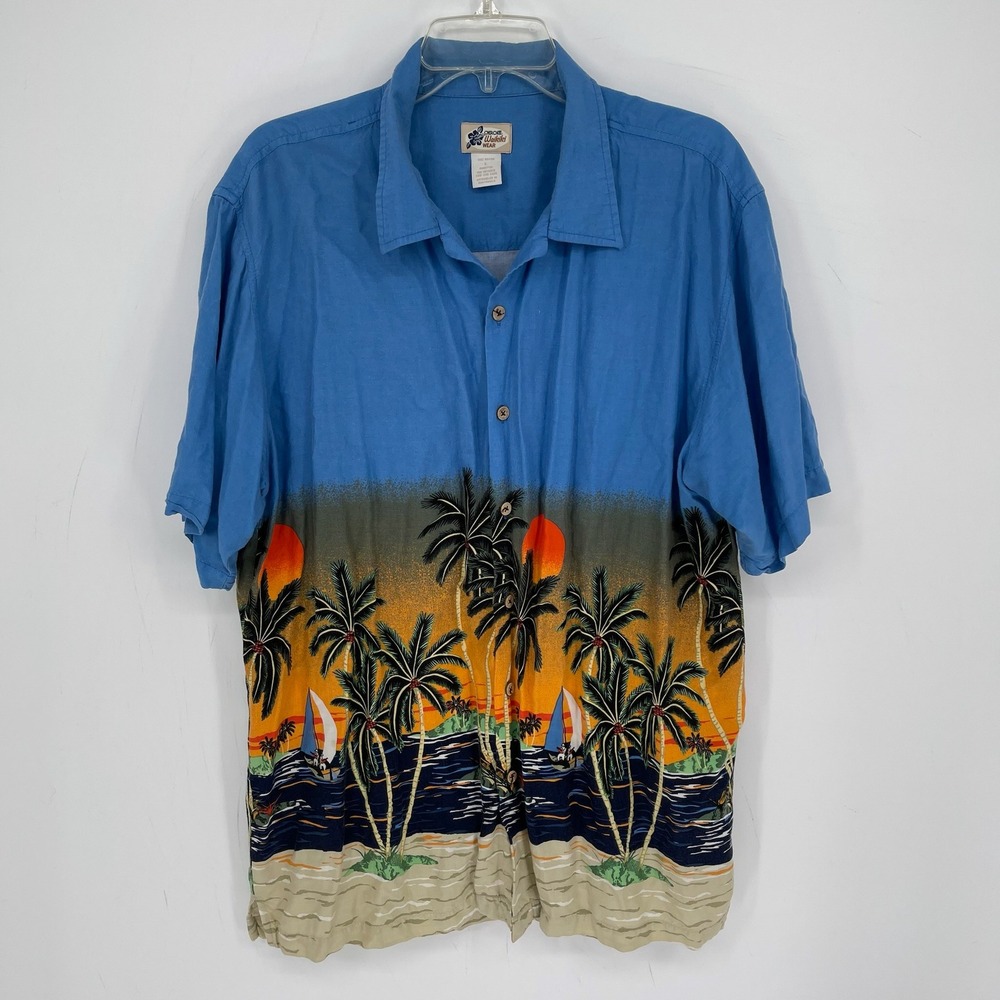 Cherokee Waikiki Mens Y2K Blue Tropical Palm Tree Sailboat Hawaiian Shirt Size L